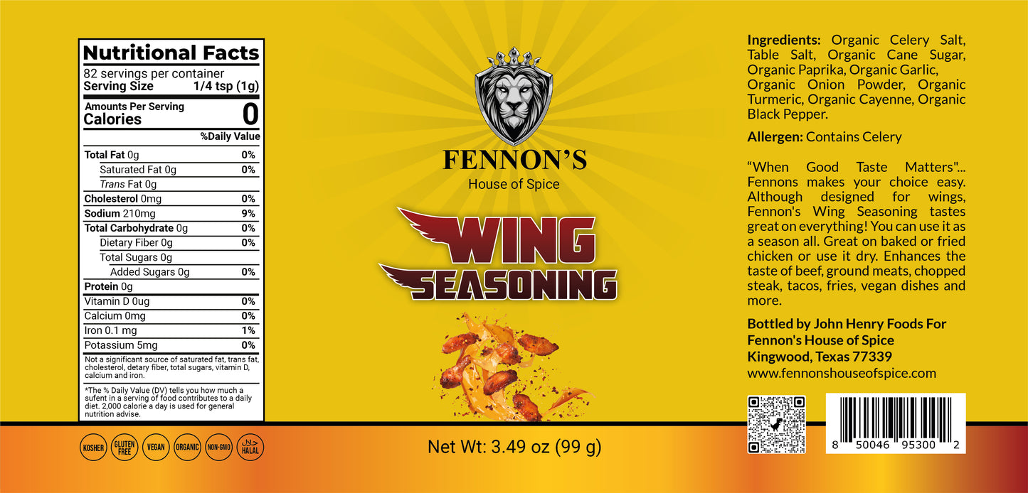 FEATURED BLEND - WING SEASONING - The raw ingredients are: 43% Single-Origin, Gluten Free, Halal, Kosher, Non-GMO, Organic and Vegan.