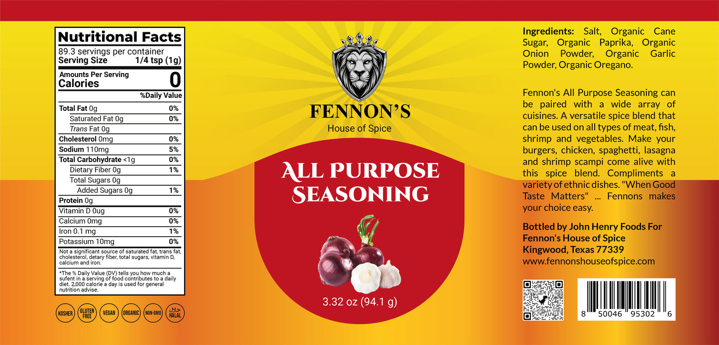 ALL PURPOSE SEASONING - Low Sodium. The raw ingredients are: 50% Single-Origin, Gluten Free, Halal, Kosher, Non-GMO, Organic and Vegan.