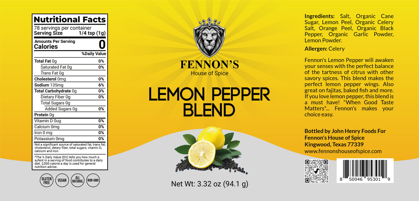 LEMON PEPPER BLEND - Low Sodium.  The raw ingredients are: 50% Single-Origin, Gluten Free, 50% Halal, Kosher, Non-GMO, 83% Organic and Vegan.